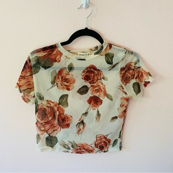 Lot Ginger G Cottagecore Romantic Sheer Floral Mesh Crop Tshirts - Picture 2 of 13